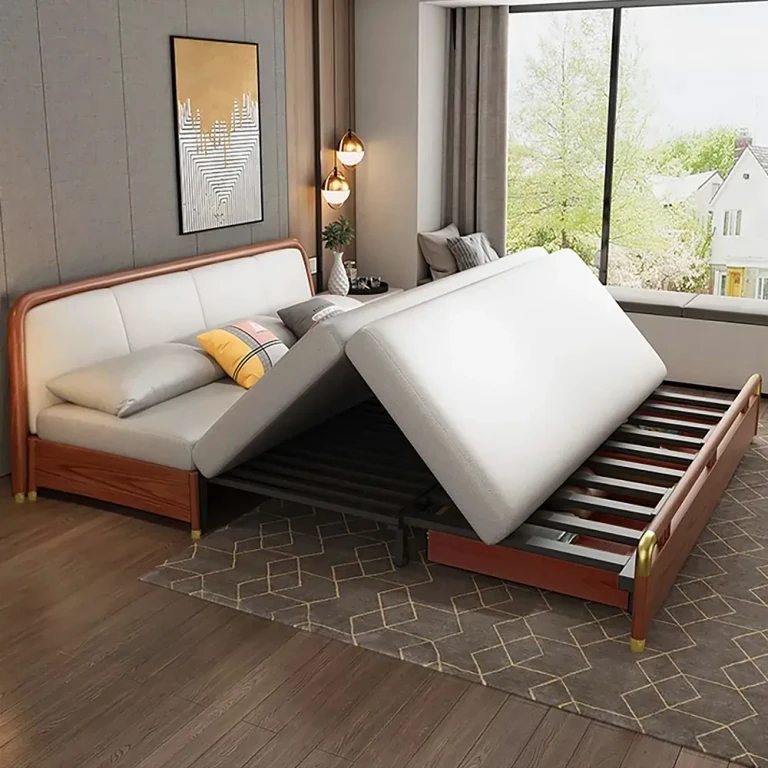 Leather Gray Sleeper Sofa Queen Pull Out Sofa Bed with Solid Wood Frame