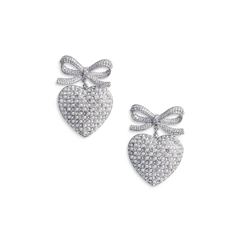 Self-Portrait Crystal Bow Imitation Pearl Heart Earrings