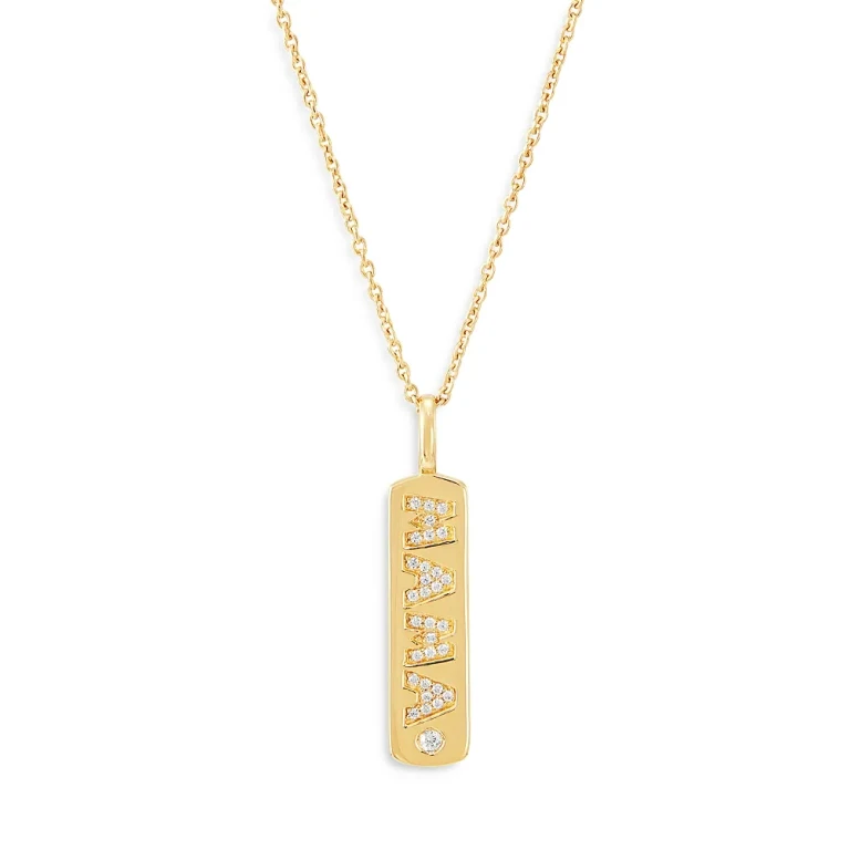 Diamond Mama Dog Tag Pendant Necklace in 14K Yellow Gold, 0.12 tcw