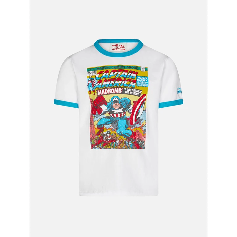 Mc2 Saint Barth Kid White Cotton T-Shirt With Captain America Print Marvel Special Edition