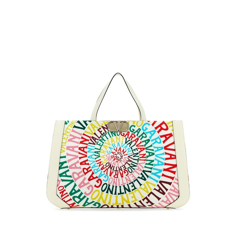 Printed Canvas And Leather Valentino Garavani Escape Shopping Bag Multicolorivory Borse A Tracolla - Women