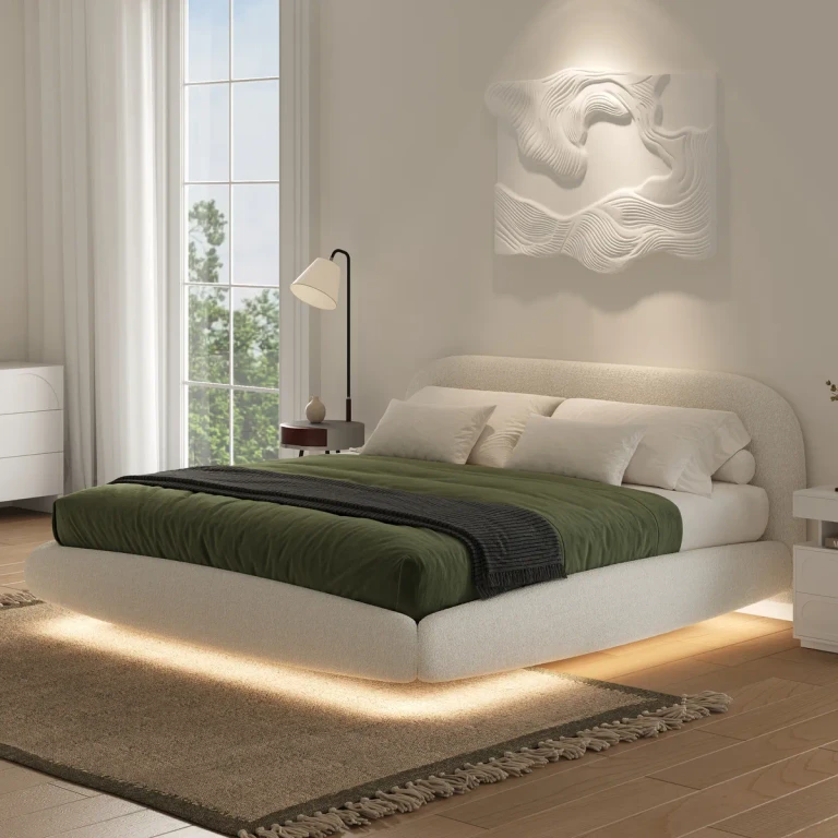 King Size Boucle Upholstered Floating Bed Frame with Light