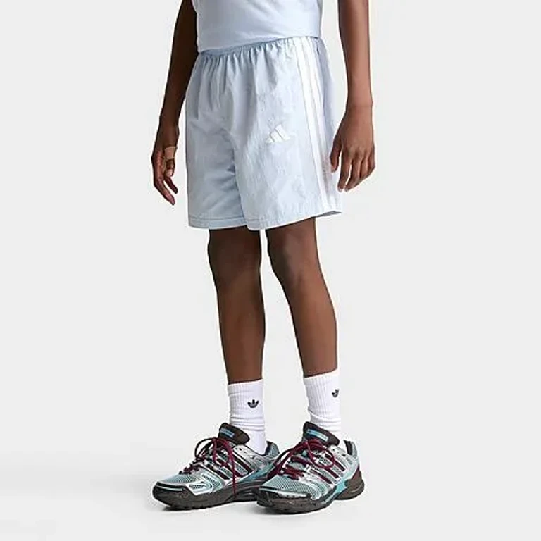 adidas Big Kids 3-Stripes Woven Shorts in Crystal Sky Size: XS