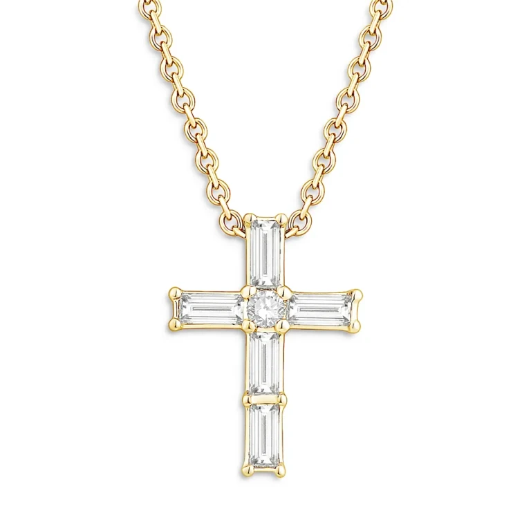 Diamond Baguette & Round Cross Pendant Necklace in 14K Yellow Gold, 0.16 tcw