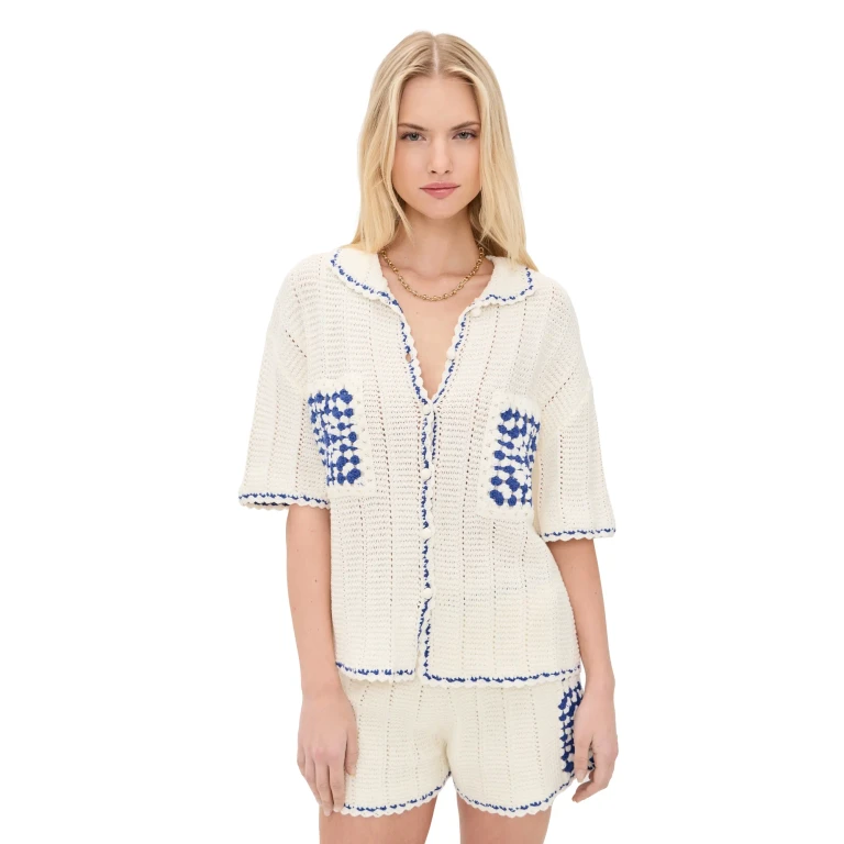 MINKPINK Avalon Crochet Shirt White/Blue S