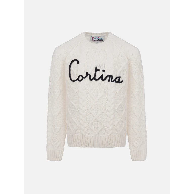 Mc2 Saint Barth Girl Cable Knit Sweater Malmo With Cortina Embroidery White