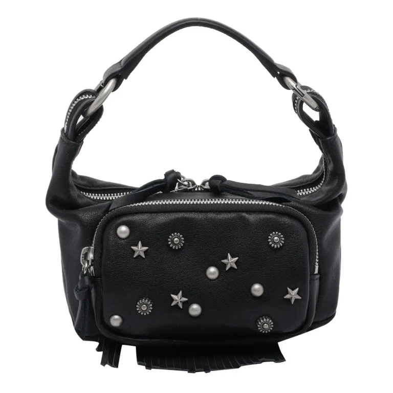 Mini Leather Hobo Bag with Studs, Fringes and Star Embroidery (GG651281BLACKSOFT)