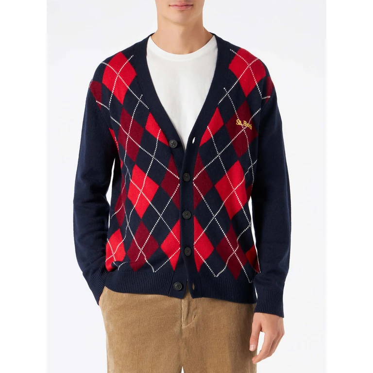 MC2 Saint Barth Man Cashmere Blend Cardigan With Argyle Jacquard
