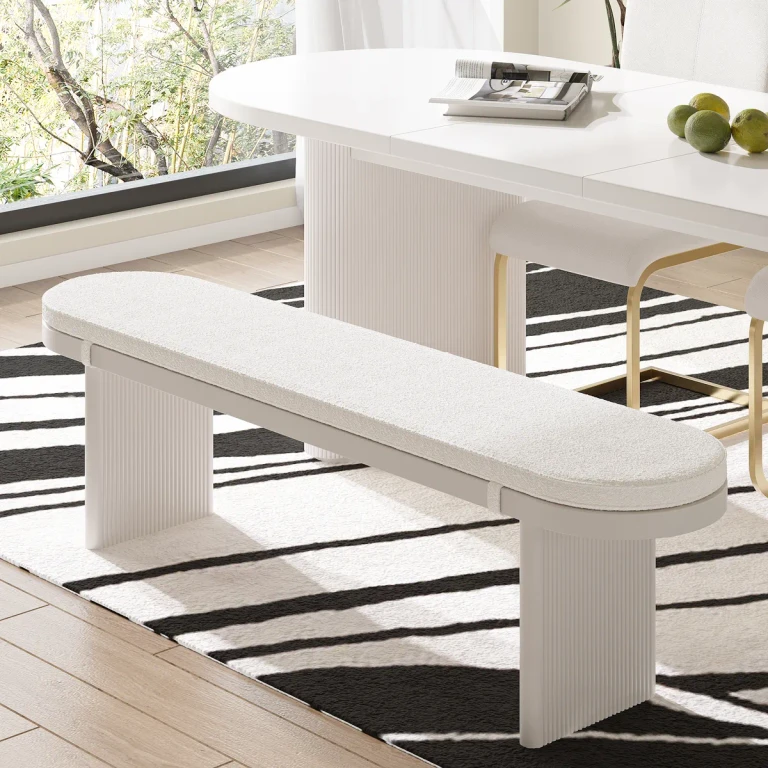 63" White Dining Bench with Boucle Removable Cushion
