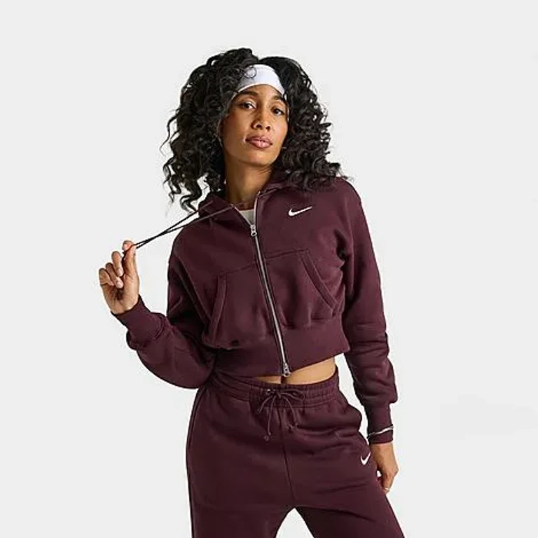 Nike Women's Sportswear Phoenix Fleece Crop Full-Zip Hoodie in Dark Grey Heather/Sail Size: XS