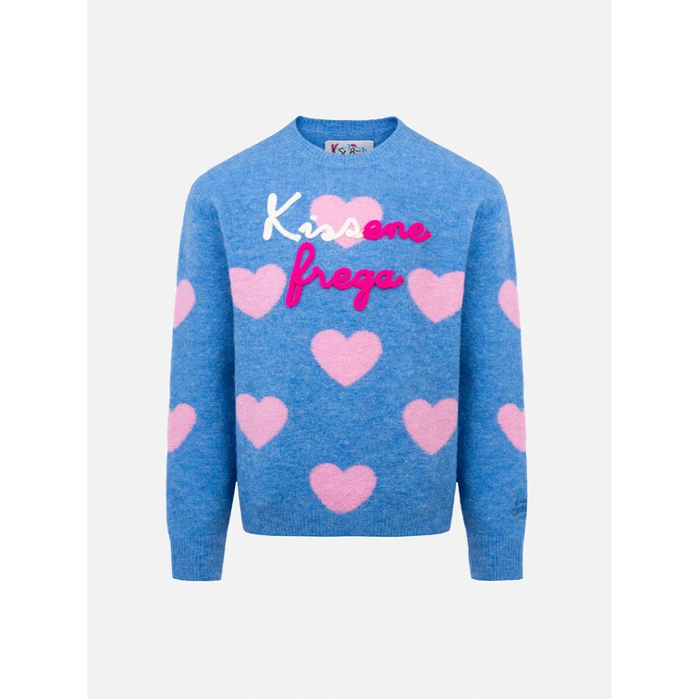 Mc2 Saint Barth Girl Light Blue Crewneck Sweater Princess With Kissene Frega Embroidery Sky