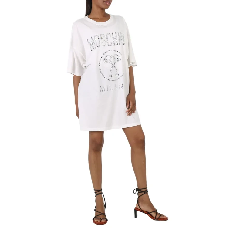 Moschino Ladies White Cotton Crystal Logo Shirt Dress