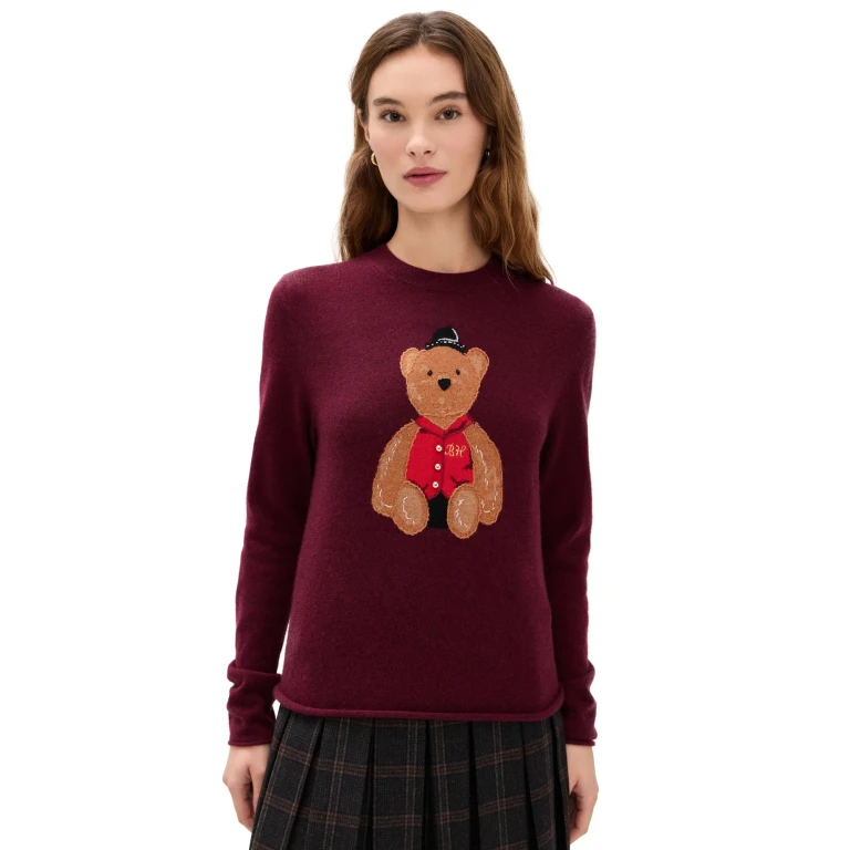 Lingua Franca Bo Bear Cashmere Crewneck Sweater Maroon S