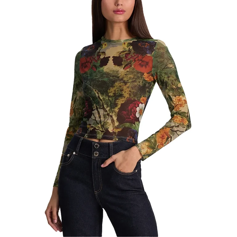Alice and Olivia Delaina Printed Mesh Long Sleeve Top