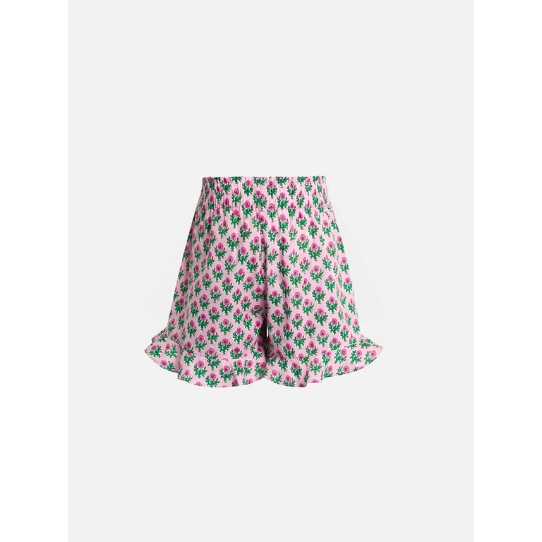Mc2 Saint Barth Girl Cotton Ruffled Shorts Ander P With Flower Print Pink Pant