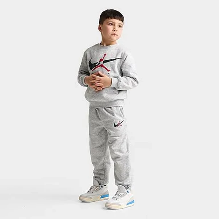 Jordan Little Kids Jumpman Swoosh Crewneck Sweatshirt and Jogger Pants Set in Light Grey Heather Size: 4