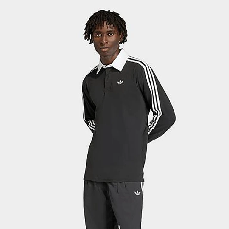 adidas Men's Originals 3-Stripes Rugby Long-Sleeve Polo Shirt in Black Size: XS