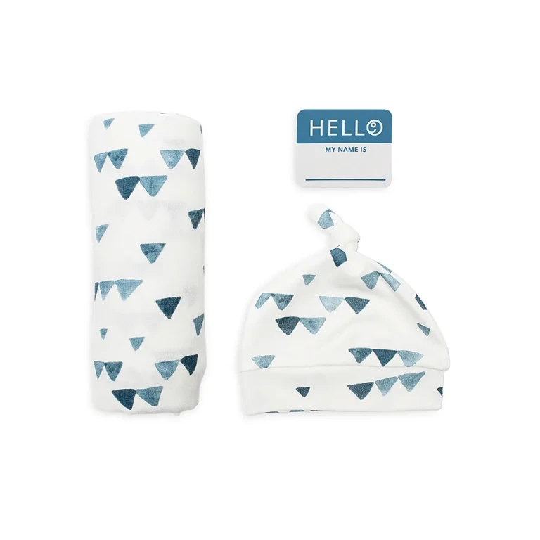 Lulujo Boys' 3 Pc. Hello World Triangle Print Hat, Blanket & Name Tag Set - Baby
