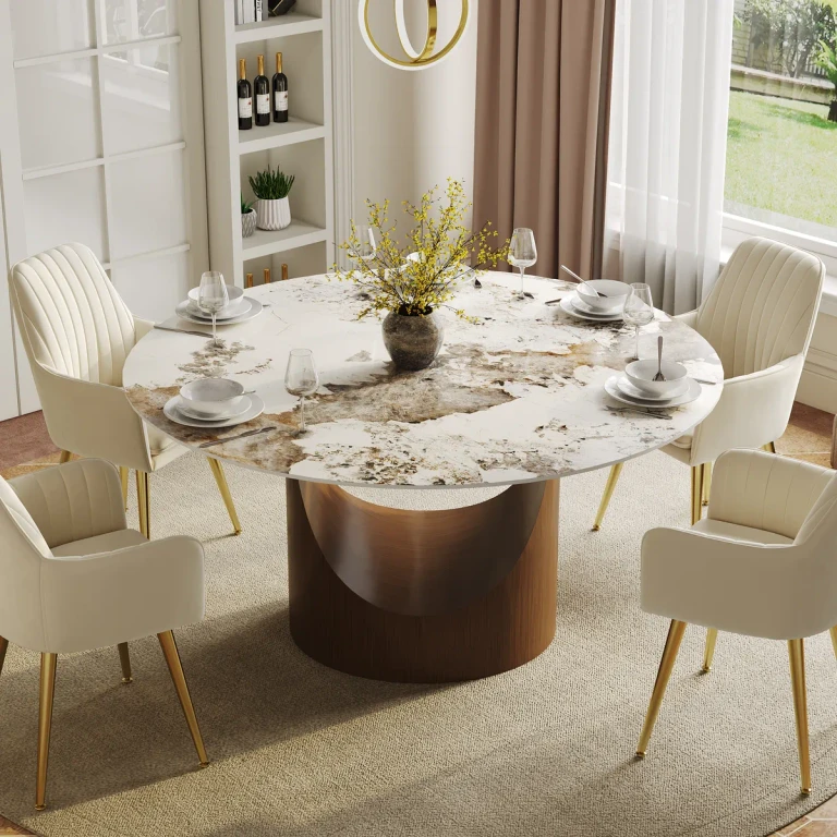 47" Pandora Glossy Faux Marble Dining Table Round with Stainless Base for 6 People