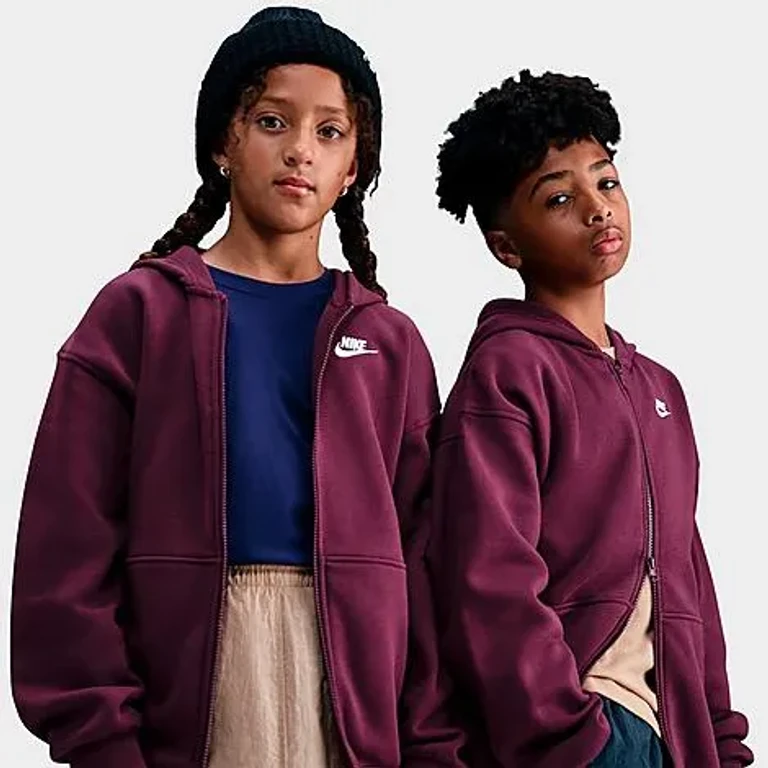 Nike Big Kids Sportswear Club Fleece Oversized Full-Zip Hoodie in Bordeaux/White Size: Small