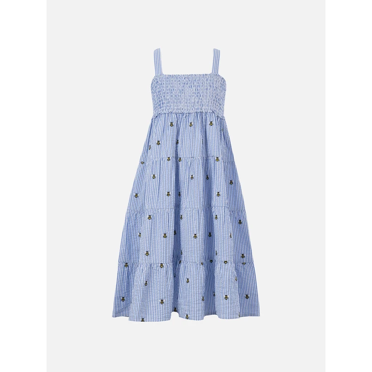 Mc2 Saint Barth Girl Seersucker Dress Jemine Jr With Bee Embroidery Bluette
