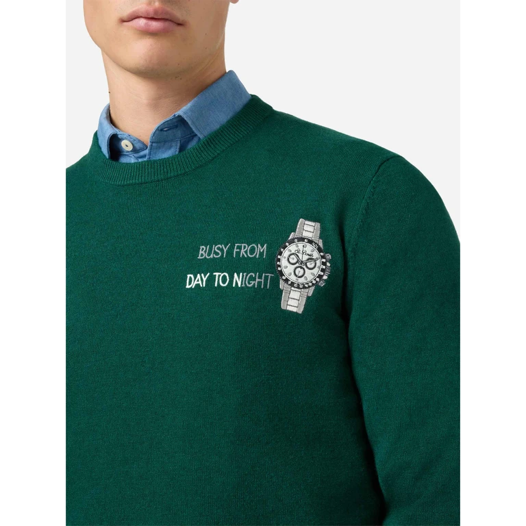 Mc2 Saint Barth Crewneck Sweater Heron Light With Busy From Day To Night Embroidery Green - Men
