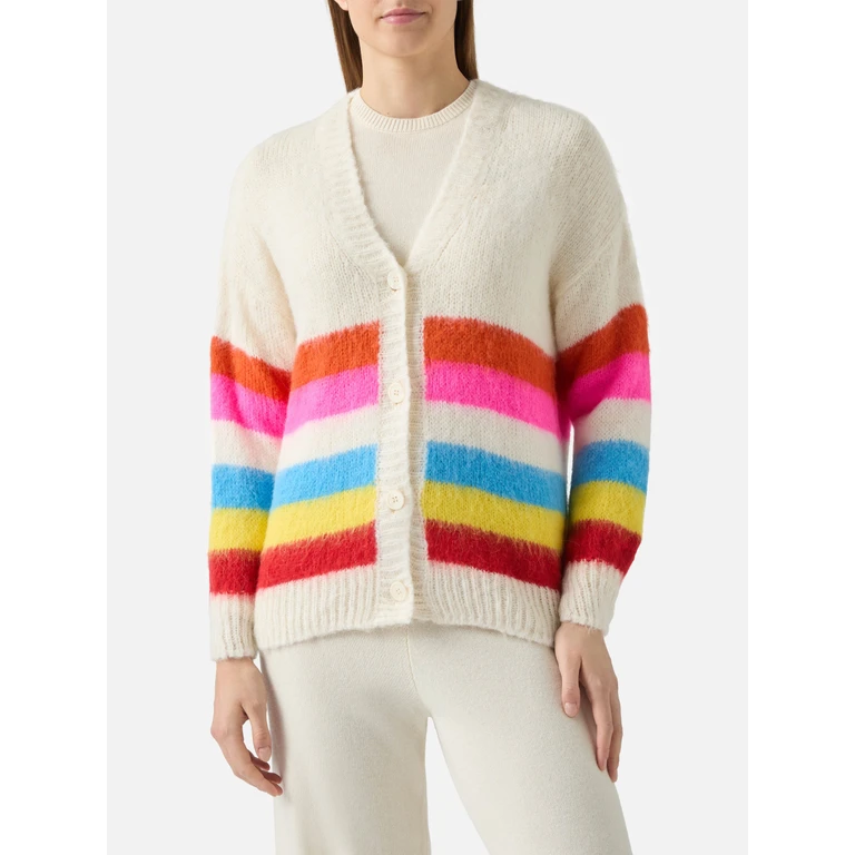 Mc2 Saint Barth Soft Brushed Multicolor Striped Cardigan Chloe White - Women