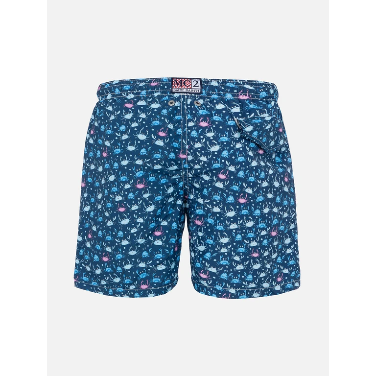 Mc2 Saint Barth Boy Swim Shorts With Multicolor Crabs Print Blue Swimshort