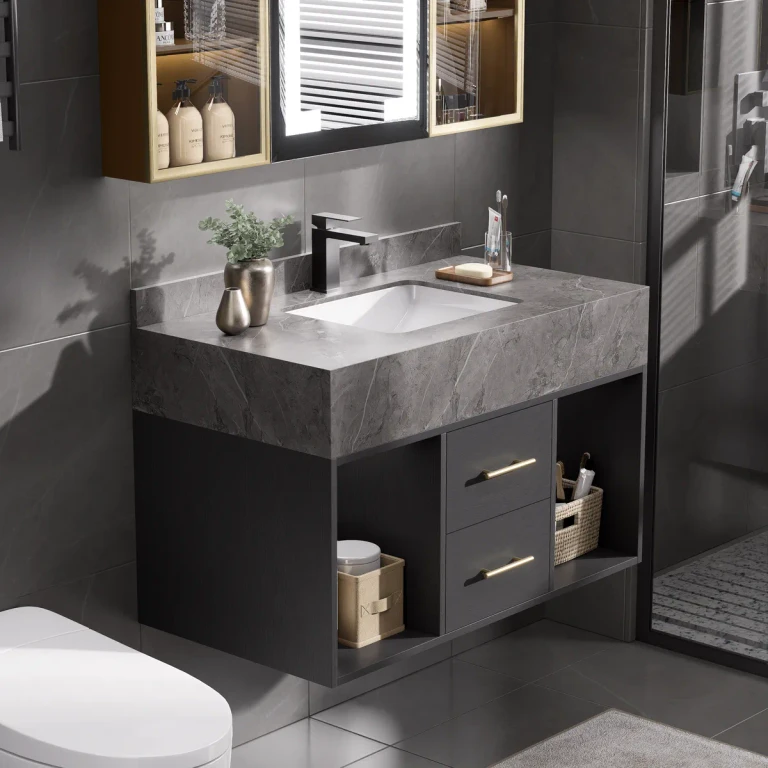 35" Floating Bathroom Vanity with Cultured Marble Vessel Sink with 2 Drawers Black & Gray
