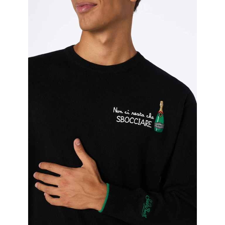 Mc2 Saint Barth Crewneck Sweater Heron With Non Ci Resta Che Sbocciare Embroidery Black - Men
