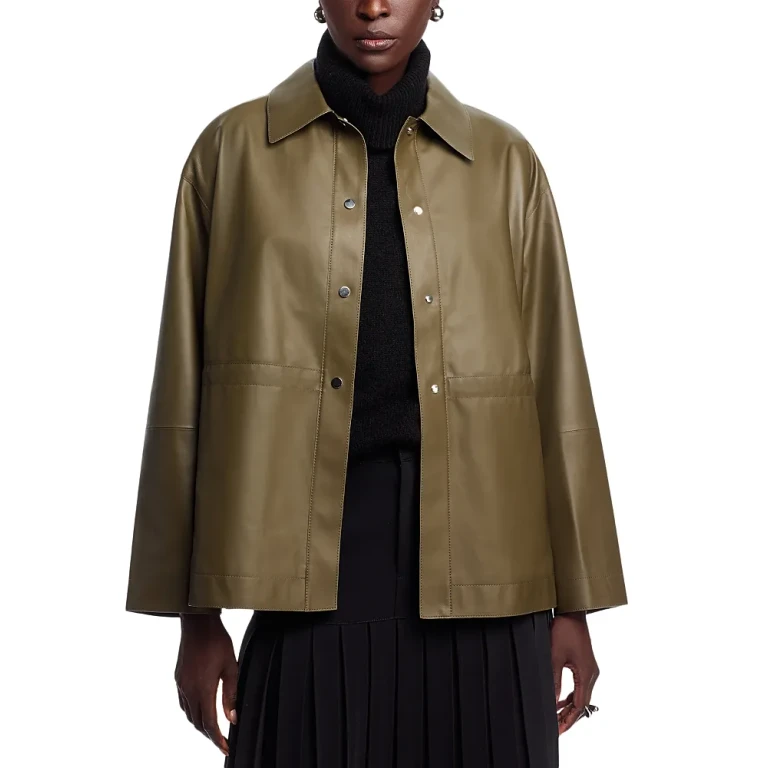 Lafayette 148 New York Lightweight Lambskin Leather Gathered Waist Oversized Jacket