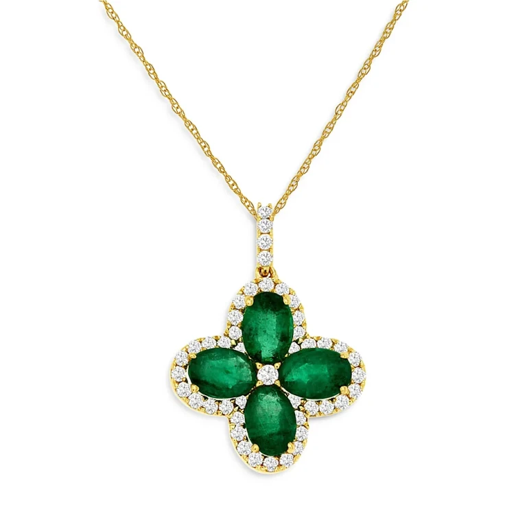 Emerald & Diamond Clover Pendant Necklace in 14K Yellow Gold, 18