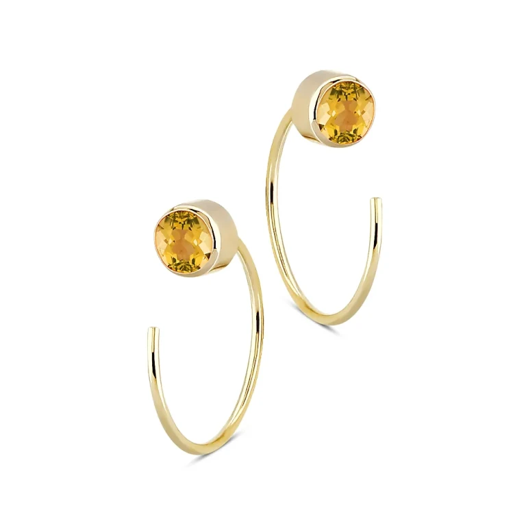 Citrine Stud Front Back Hoop Earrings in 14K Yellow Gold