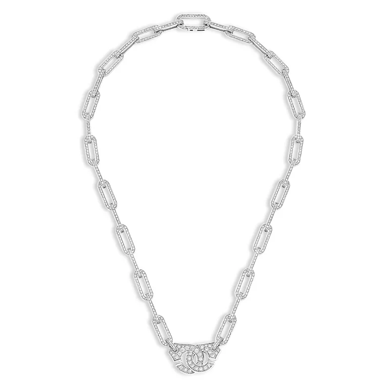 Dinh Van 18K White Gold Menottes Dinh Van Diamond Pave Large Link Handcuff Pendant Necklace, 17.72