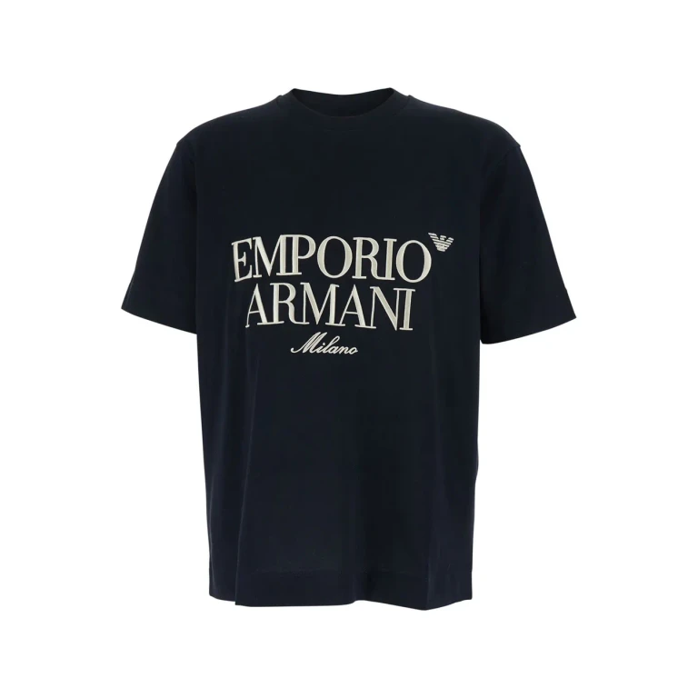 Emporio Armani Blue Crewneck T-shirt With Maxi Logo Embroidery On The Front In Cotton Man