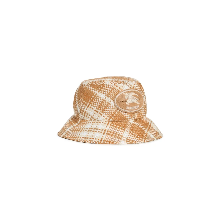 Burberry Woven Raffia Bucket Hat Mallow Pink IP Check M