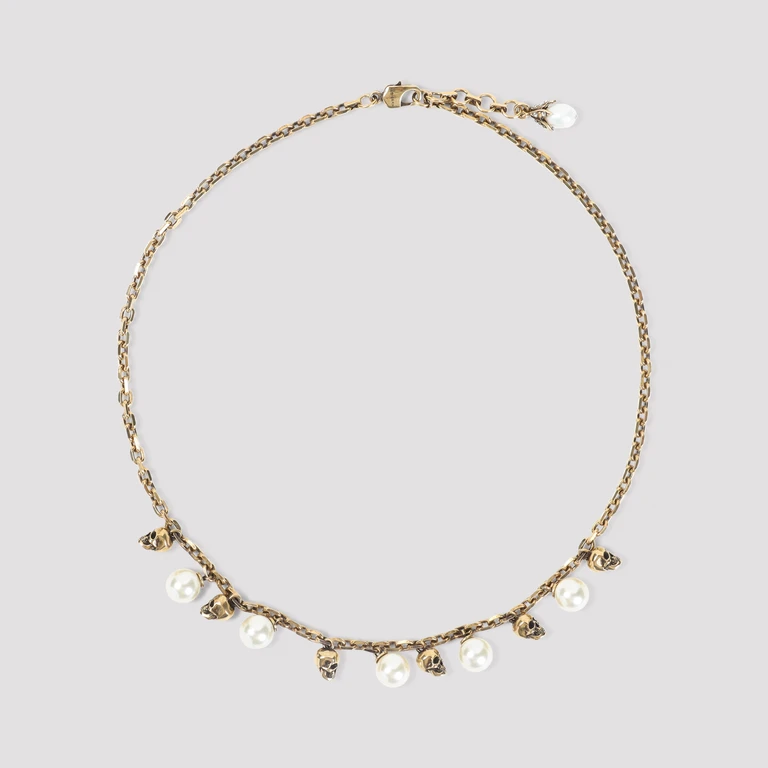 Alexander McQueen Pearly Skull Necklace Metallic Brass Pearl Jewellery - Women