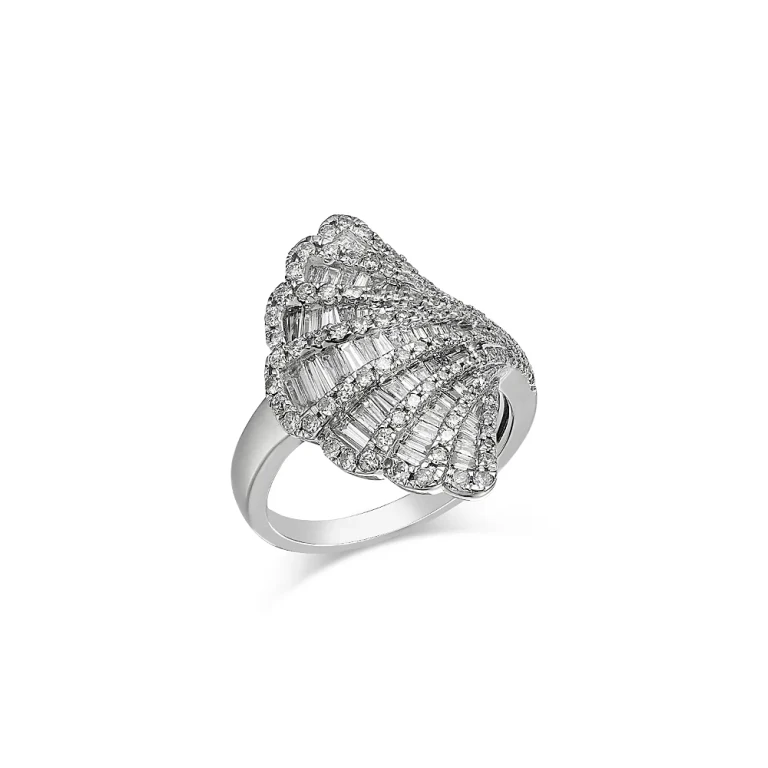 Diamond Round & Baguette Fan Ring in 14K White Gold, 1.50 tcw