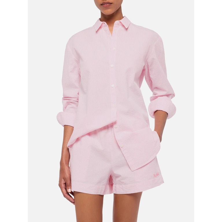 Mc2 Saint Barth Brigitte Striped-Print Seersucker Shirt With Saint Barth Embroidery Pink - Women
