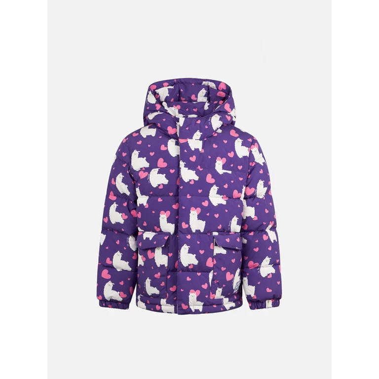 Mc2 Saint Barth Girl Hooded Down Padded Jacket With Alpaca And Hearts Print Pink
