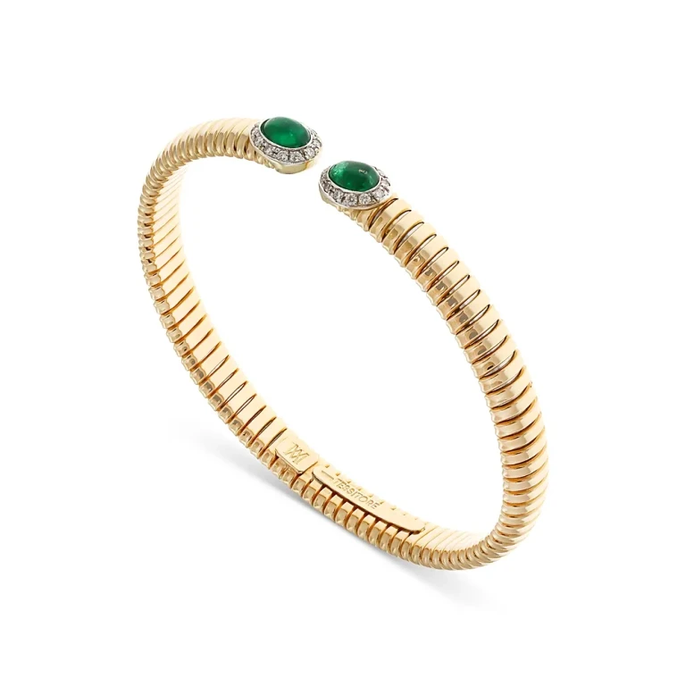 18K Yellow Gold Via Giardino Tubogas Domed Emerald Cabochon & Diamond Bracelet