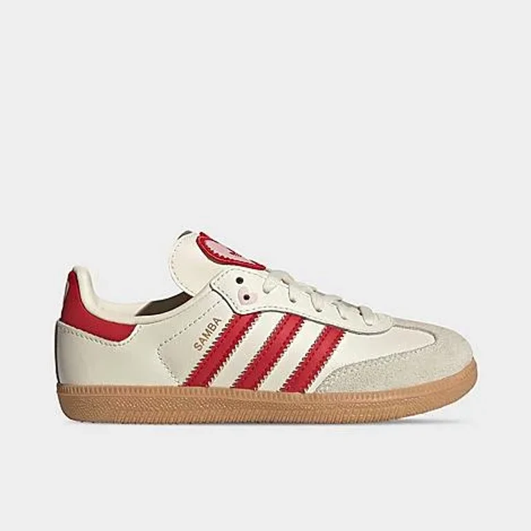 Girls' Little Kids Originals Samba OG Valentine's Day Casual Shoes in Cream White/Better Scarlet/Gum Size: 1.0