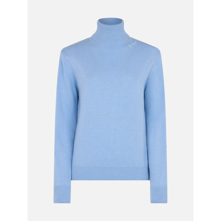 Mc2 Saint Barth Light Blue Turtleneck Moody Blended Cashmere Sky - Women
