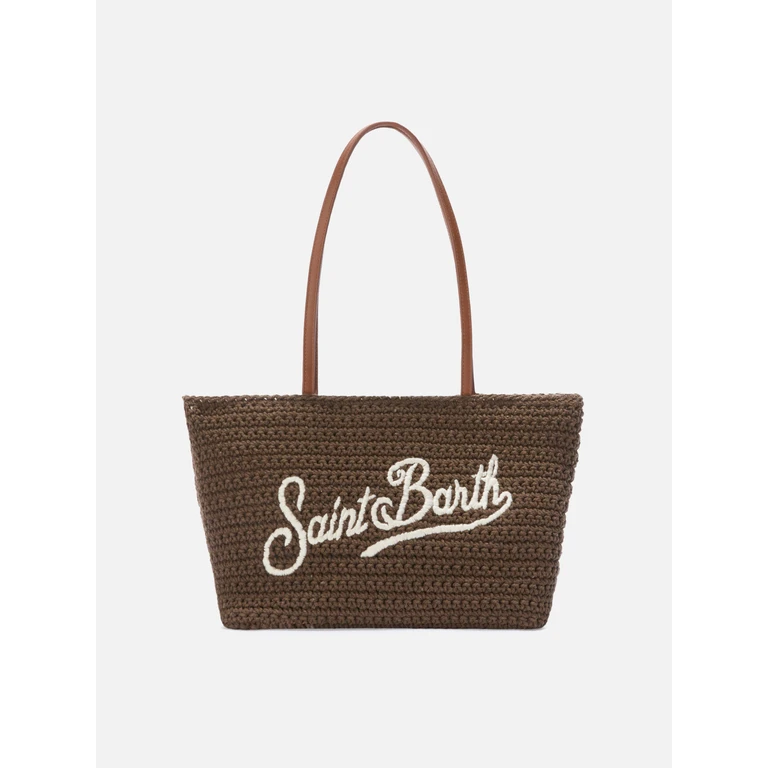 Mc2 Saint Barth Crochet Tote Medium Brown Bag With Embroidered Logo - Unisex
