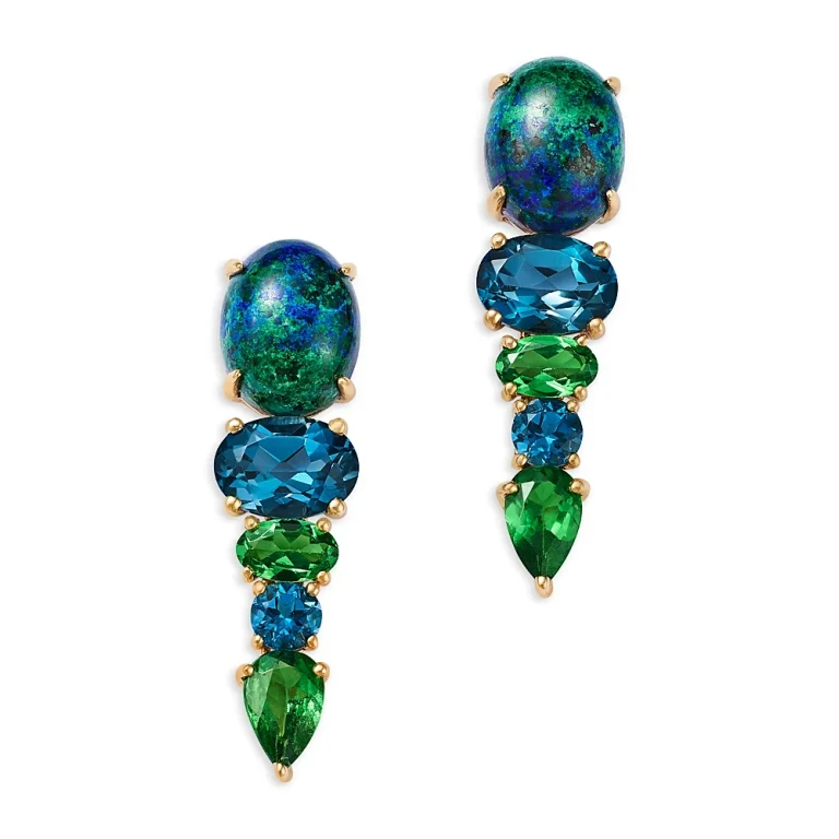 London Blue Topaz, Tsavorite & Azurite Multi-Gemstone Drop Earrings in 14K Yellow Gold