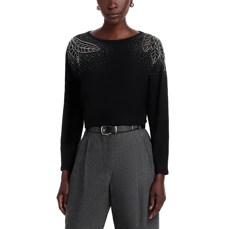 T Tahari Long Sleeve Jersey, Beaded and Lace Inset Sweater