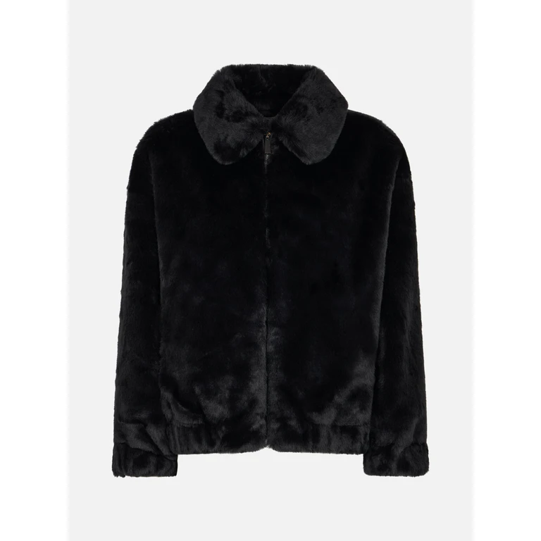 Mc2 Saint Barth Aveline Faux Fur Bomber With Saint Barth Print Black Coat - Women
