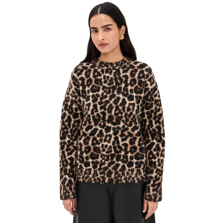 ANINE BING Sydney Crew Sweater Black and Brown Leopard XS