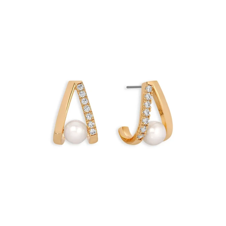 Ettika Pave & Cultured Freshwater Pearl Split J Hoop Earrings