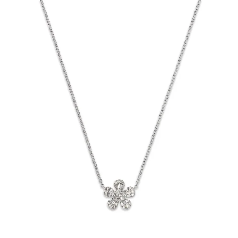 Diamond Flower Pendant Necklace in 14K White Gold, 0.28 tcw